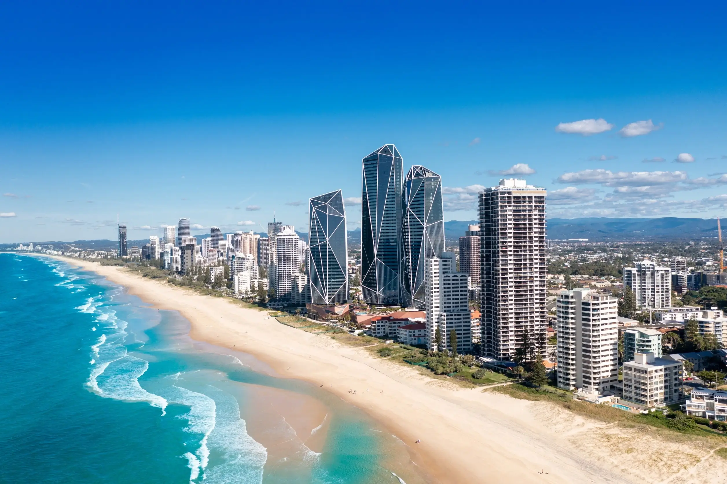 Aerial view of Gold Coast Surfers Paradise beachfront skyline