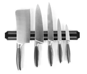 Stainless steel kitchen knife set on magnetic rack