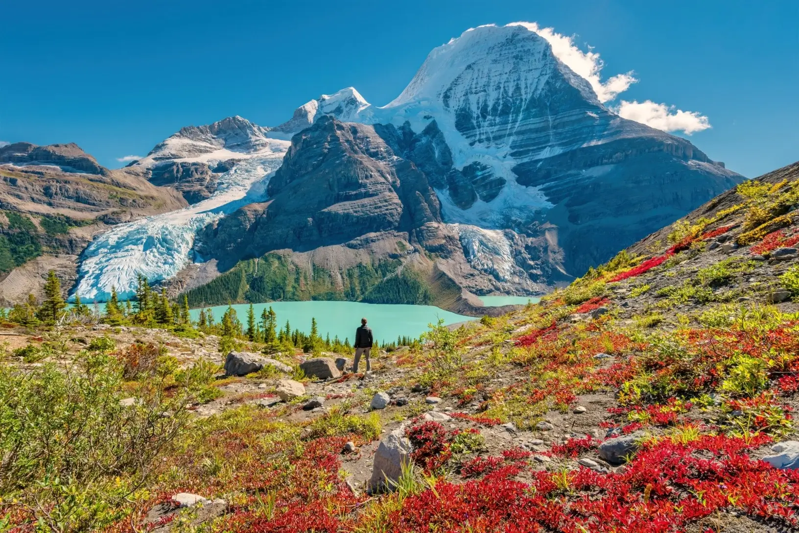 Hiker standing before a glacial lake and snow-capped mountain in the Canadian Rockies