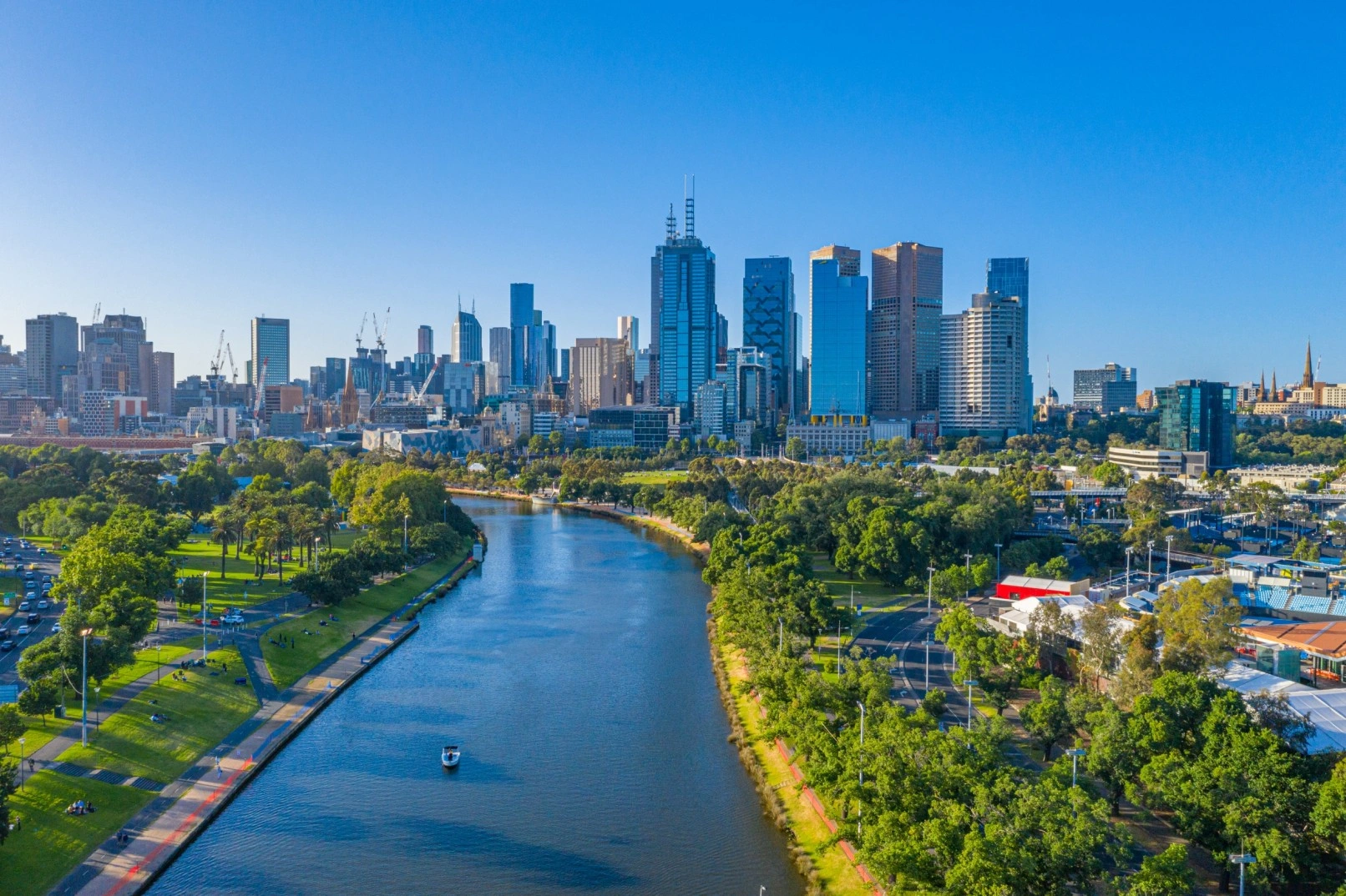 Aerial view of Melbourne CBD skyline along Yarra River