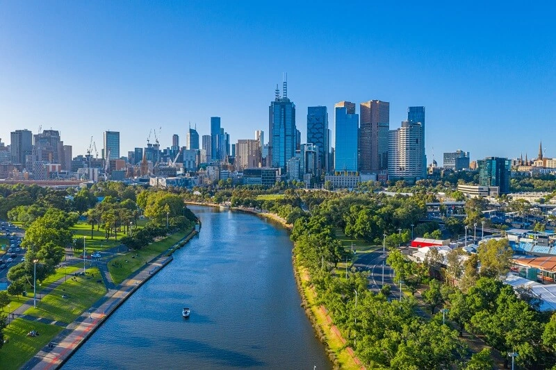 Aerial view of Melbourne CBD skyline along Yarra River on a sunny day