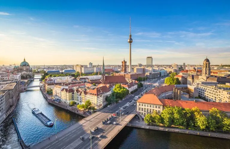 Aerial view of Berlin city skyline with the TV Tower (Fernsehturm) and the River Spree on a sunny day