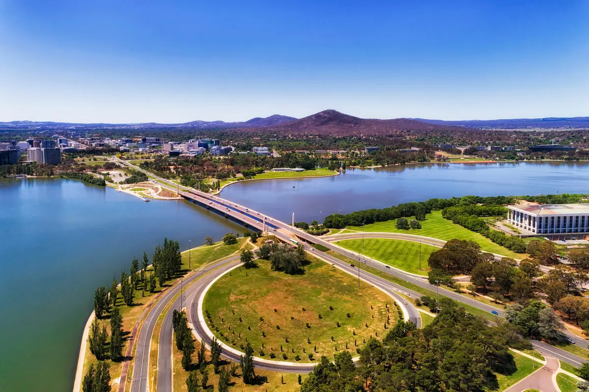 Aerial scenery of Lake Burley Griffin and Commonwealth Avenue Bridge in Canberra